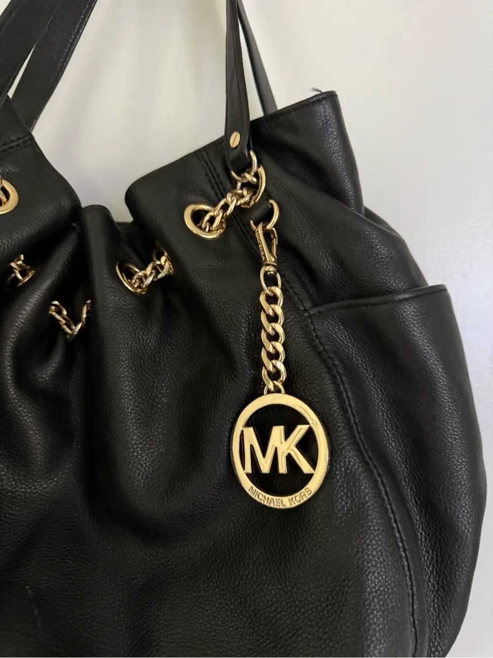 Michael Kors Black Leather Satchel with Gold-Tone MK Charm